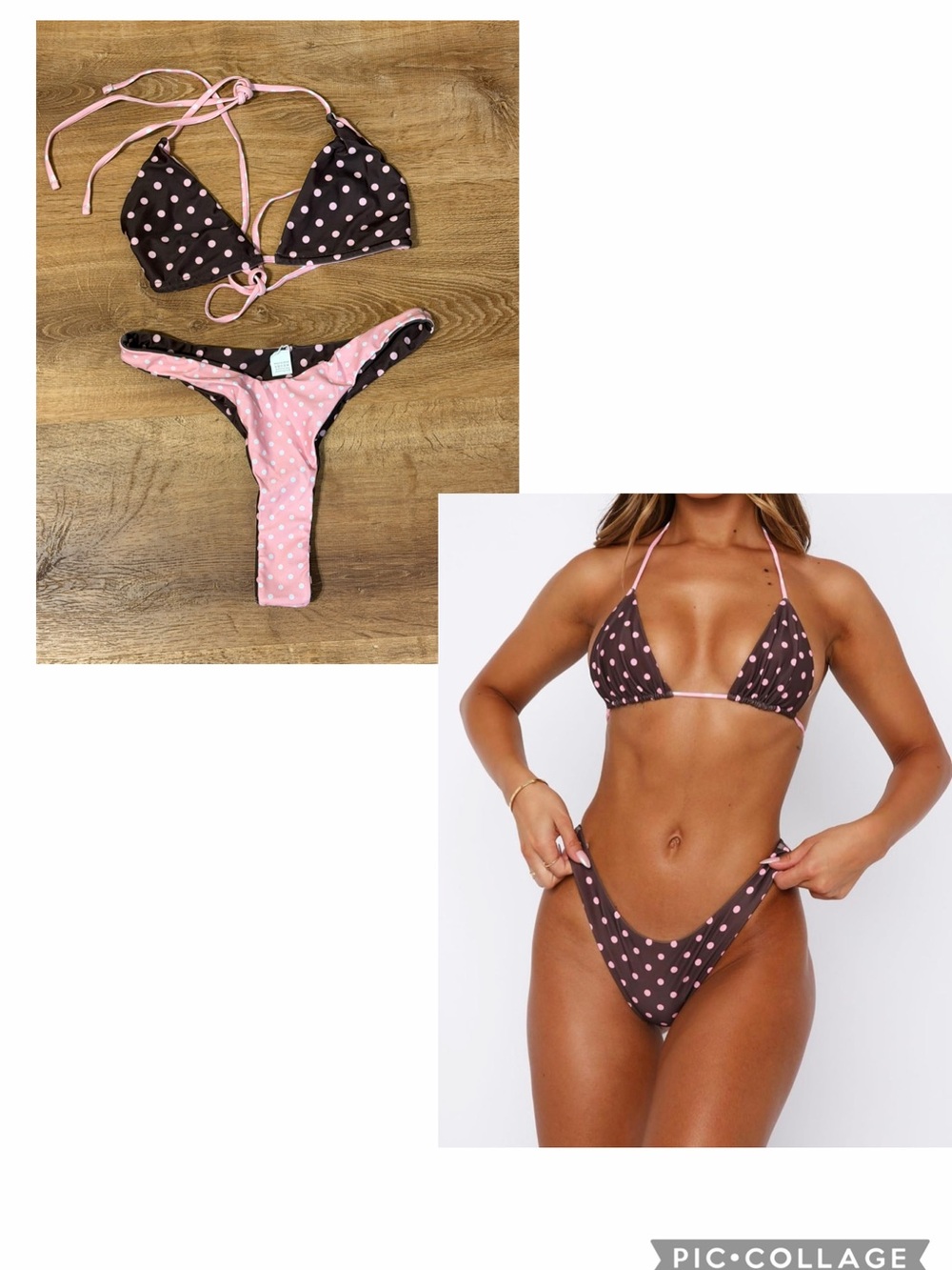 Reversible Pink and Brown Polka Dot Triangle Bikini - Women Swim